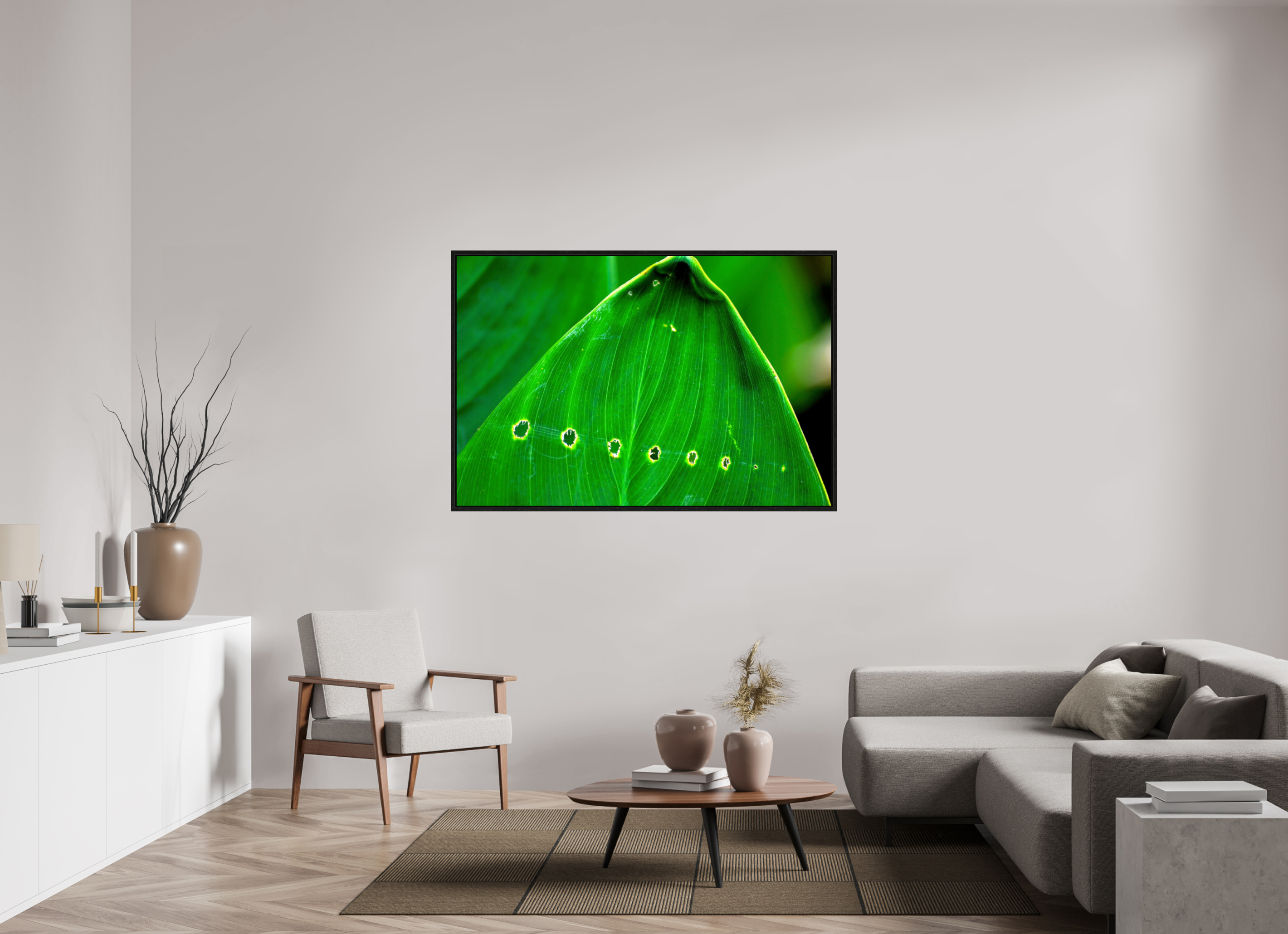 60 x 40″, Floater Frame, Basel 0.6", Black Oak, Glossy Acrylic Glass Linear Progression in Green