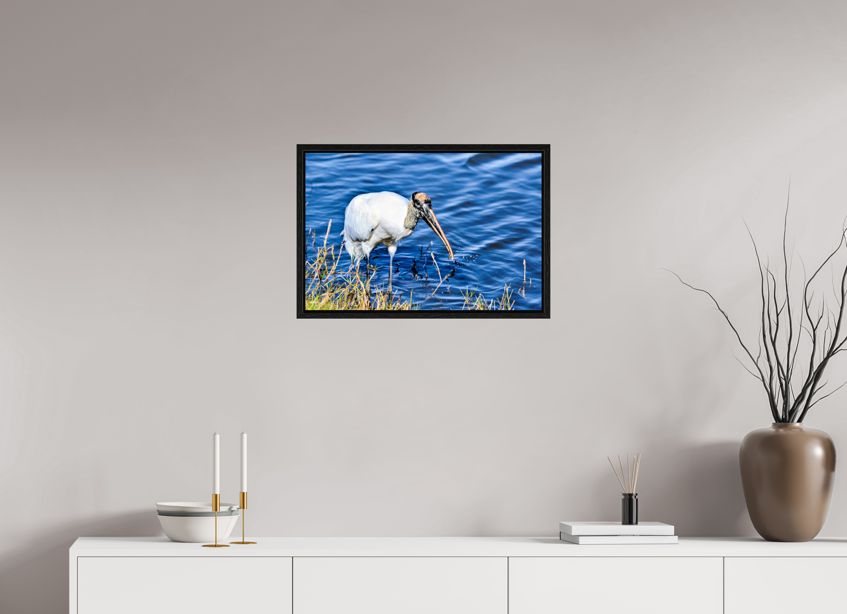 24 x 16″, Floater Frame, Basel 0.6", Black Oak, Glossy Acrylic Glass The Morning Catch: Wood Stork in Action