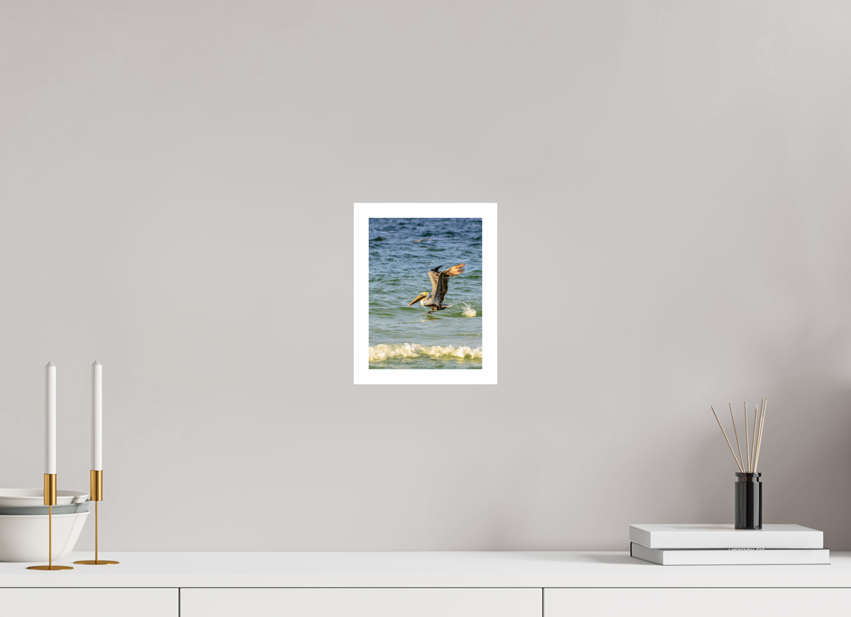 6 x 8″, Hahnemühle FineArt Pearl Print, .79" white border Pelican in Flight