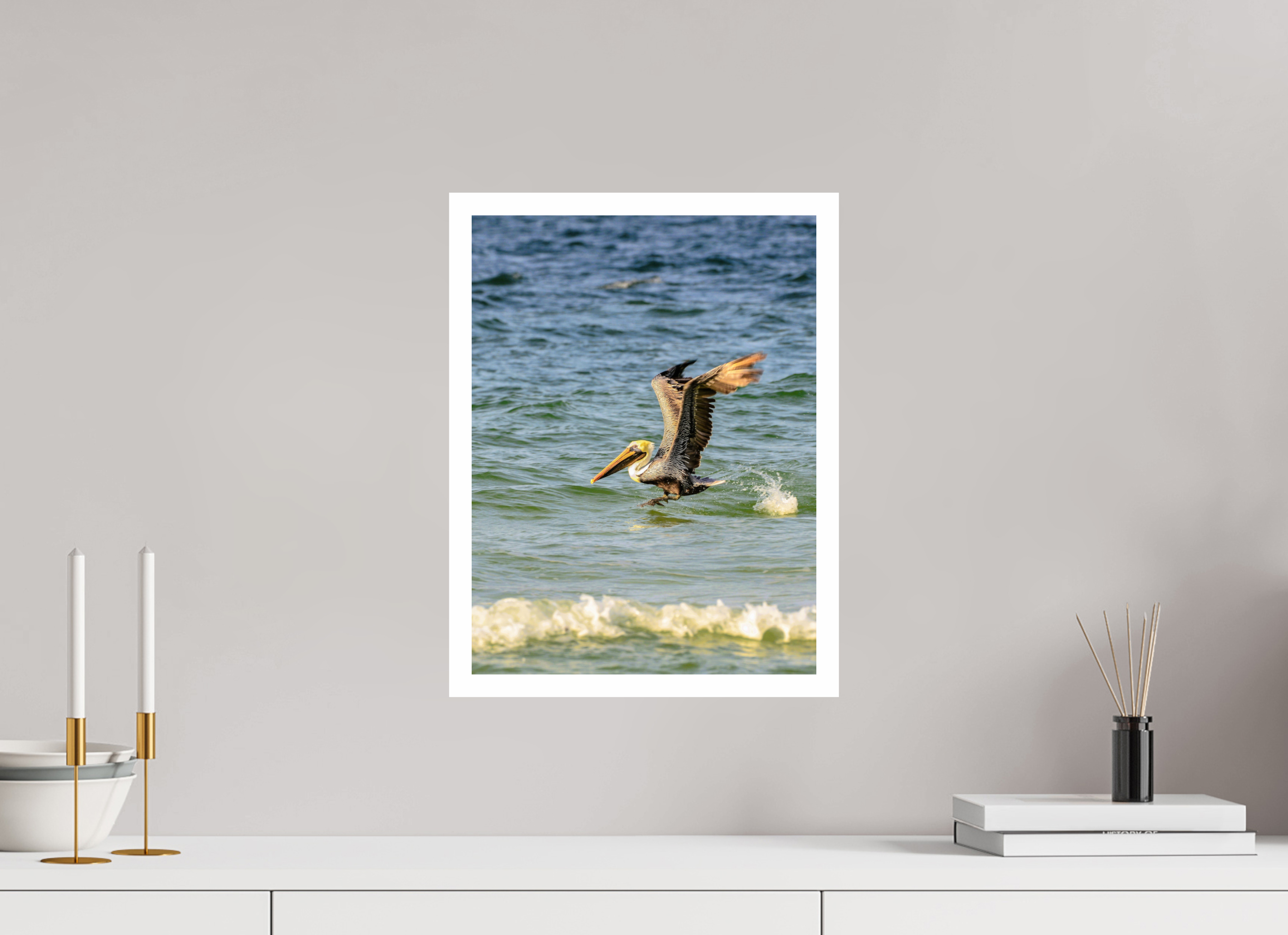 12 x 16″, Hahnemühle FineArt Pearl Print, .79" white border Pelican in Flight