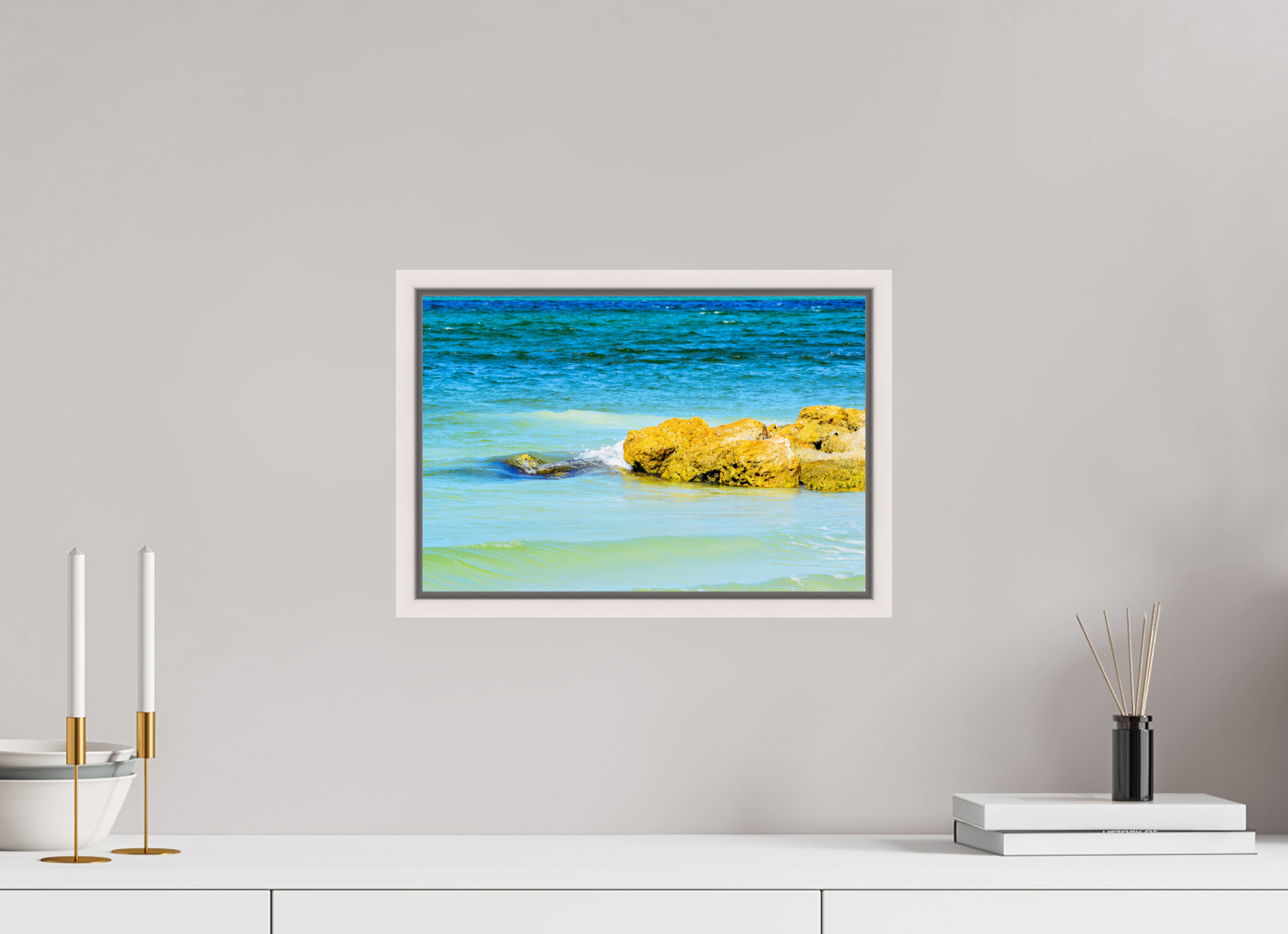 15 x 10″, Floater Frame, Basel 0.6", Maple White, Glossy Acrylic Glass Calm Waters