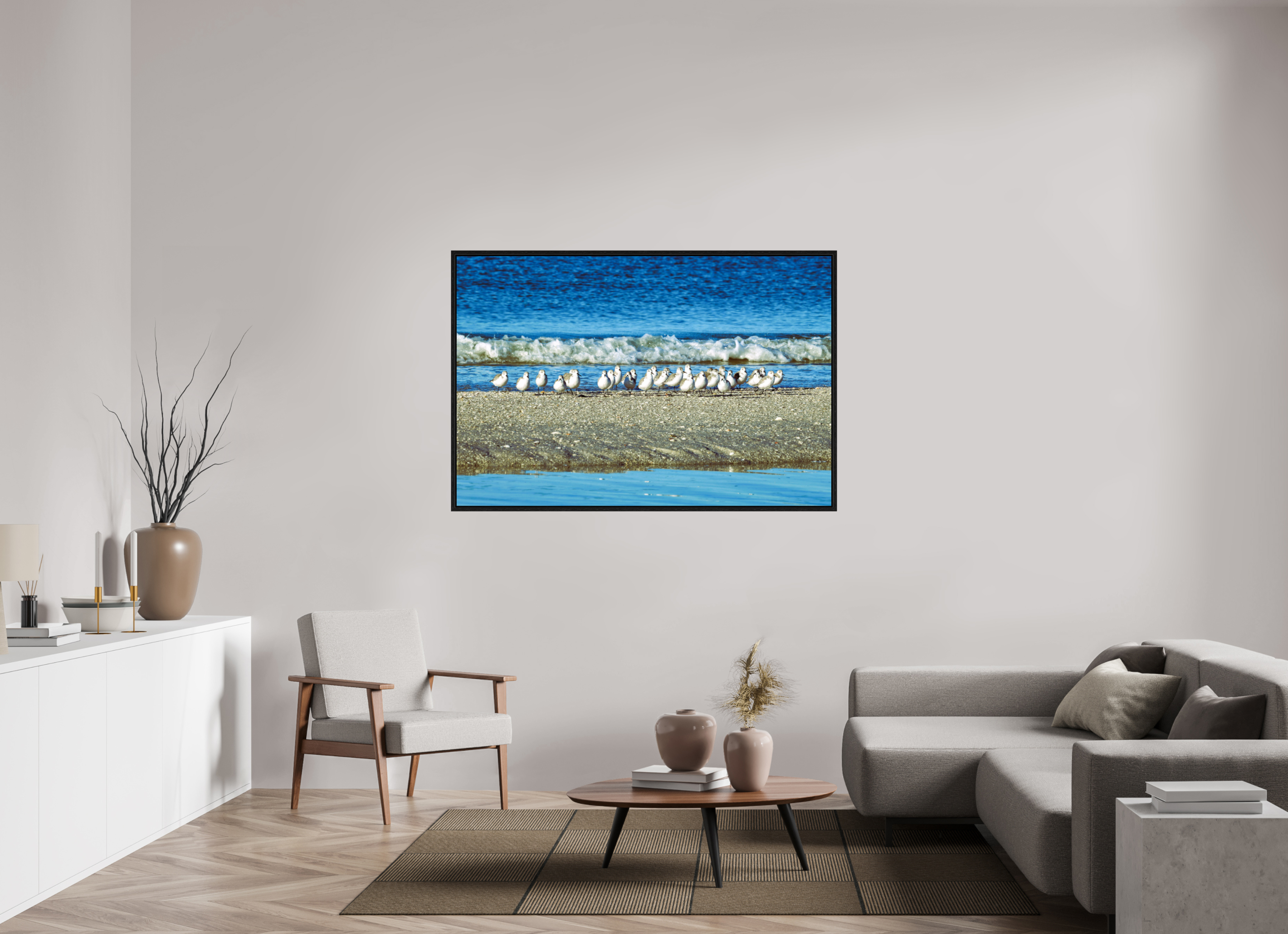 60 x 40″, Floater Frame, Basel 0.6", Black Oak, Glossy Acrylic Glass Sanderlings on Standby