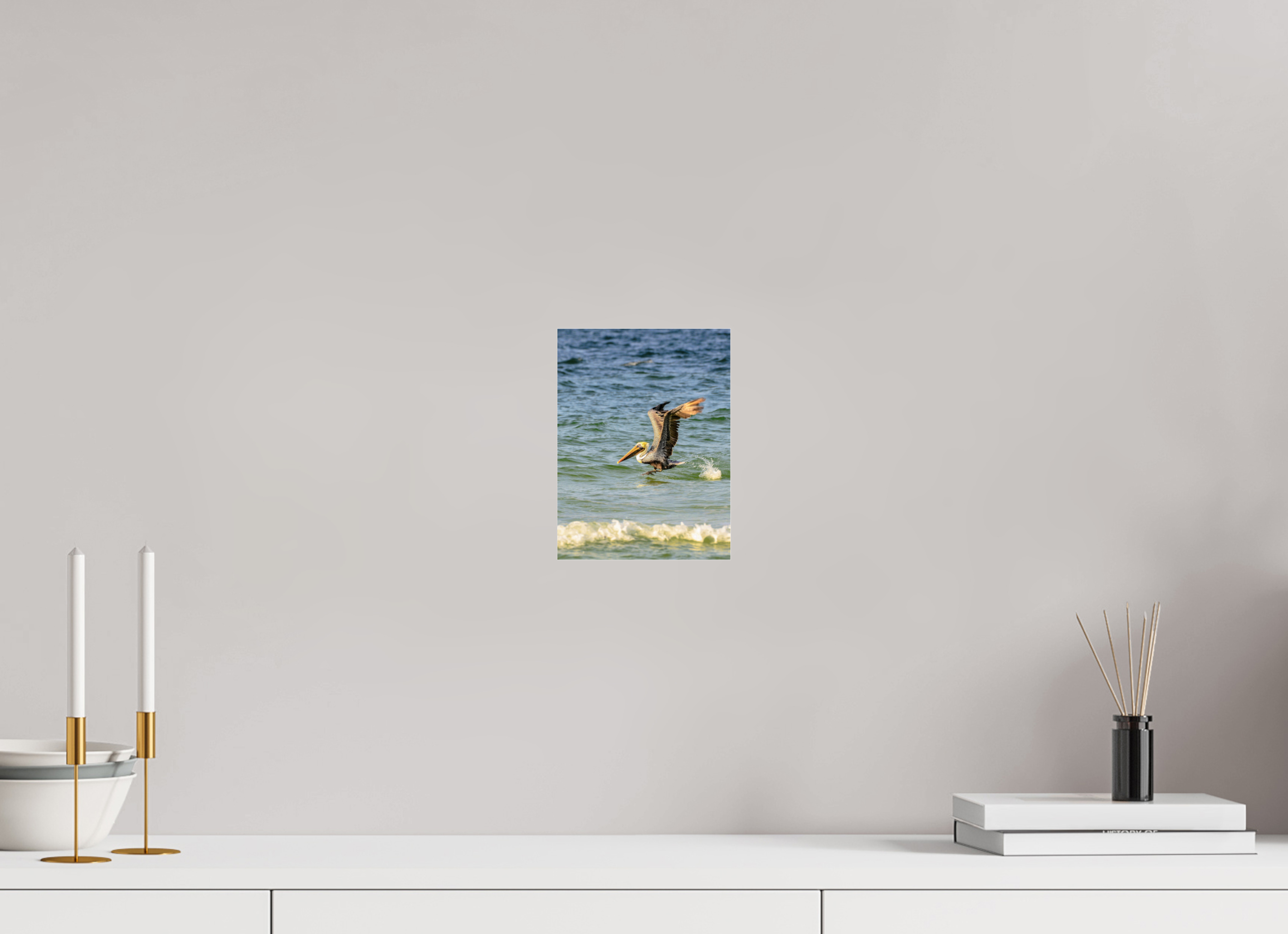 6 x 8″, Metallic Photo Print Under Acrylic Glass Pelican in Flight