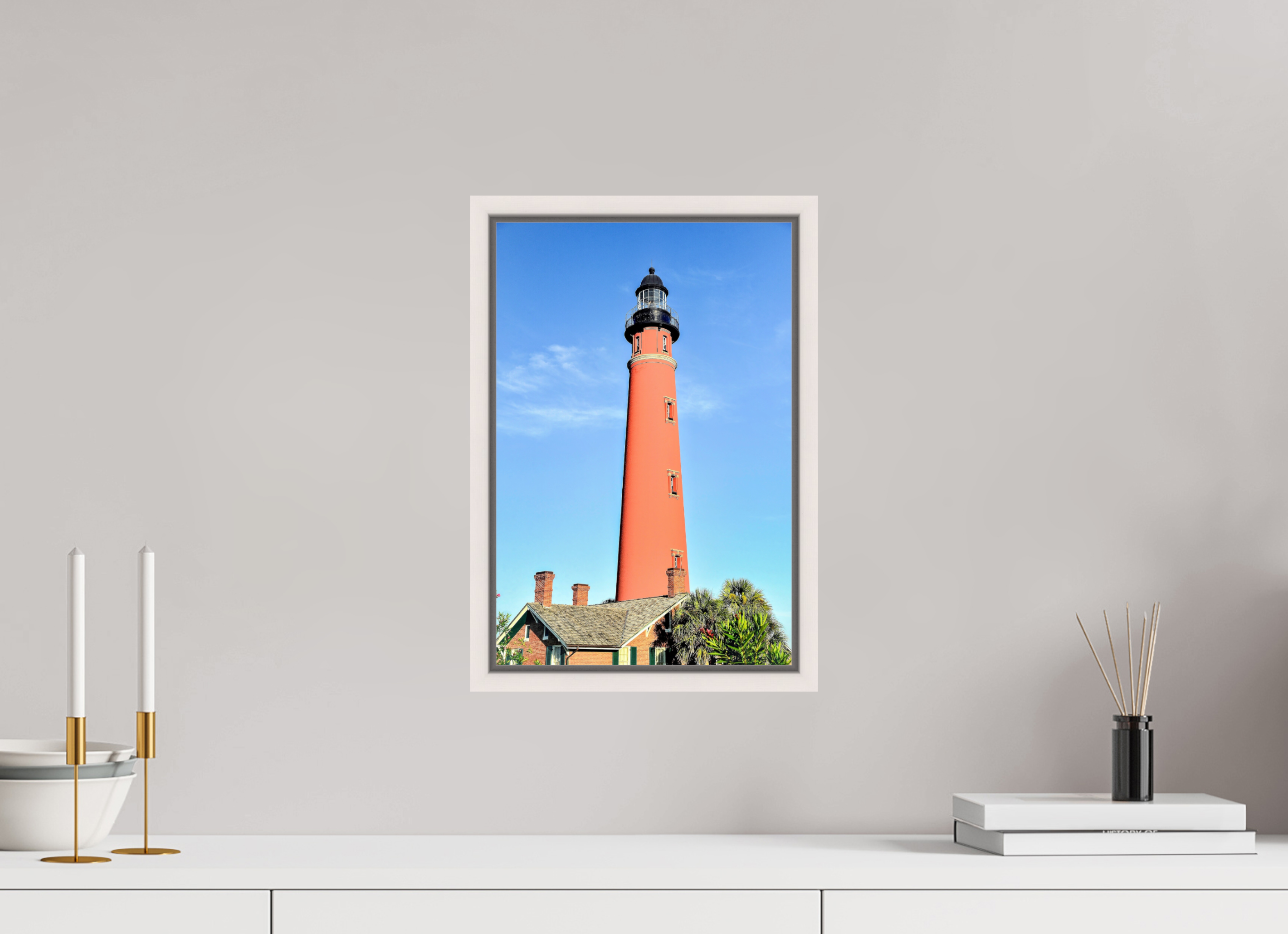 10 x 15″, Floater Frame, Basel 0.6", Maple White, Glossy Acrylic Glass Historic Red Brick Ponce de Leon Lighthouse