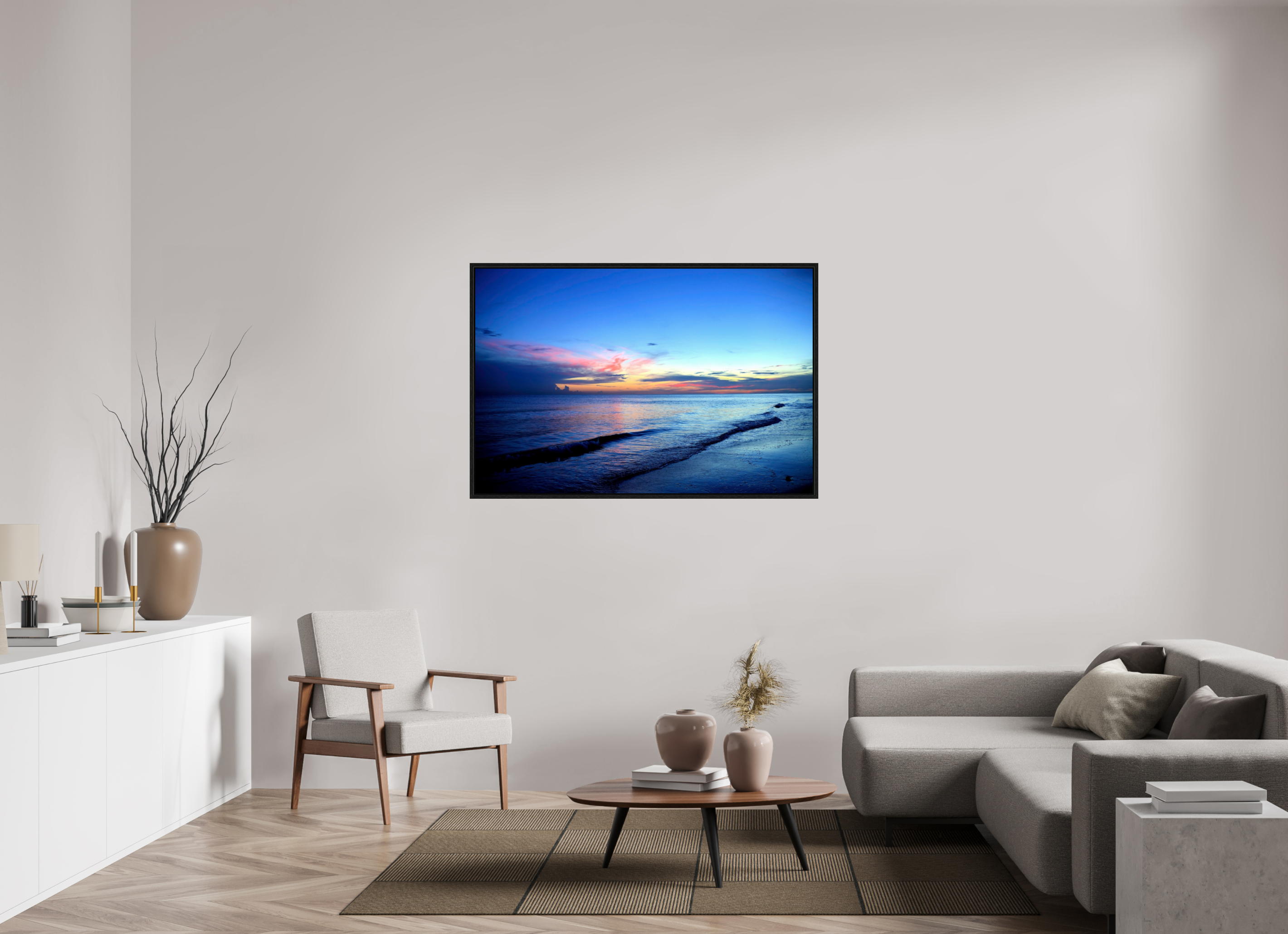54 x 36″, Floater Frame, Basel 0.6", Black Oak, Glossy Acrylic Glass Indigo Horizon