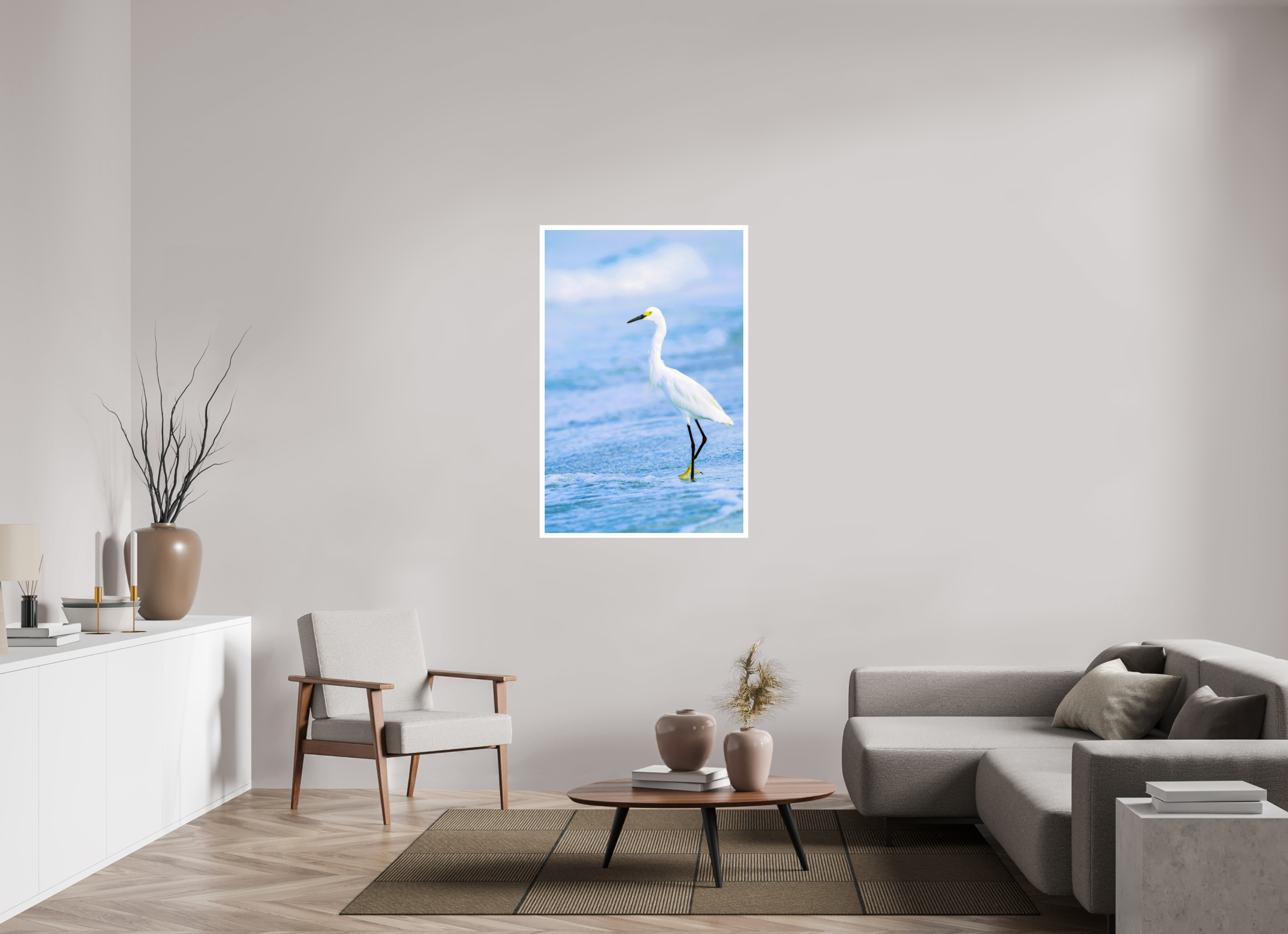 32 x 48.8″, Hahnemühle FineArt Pearl Print, .79" white border Snowy Egret in Azure