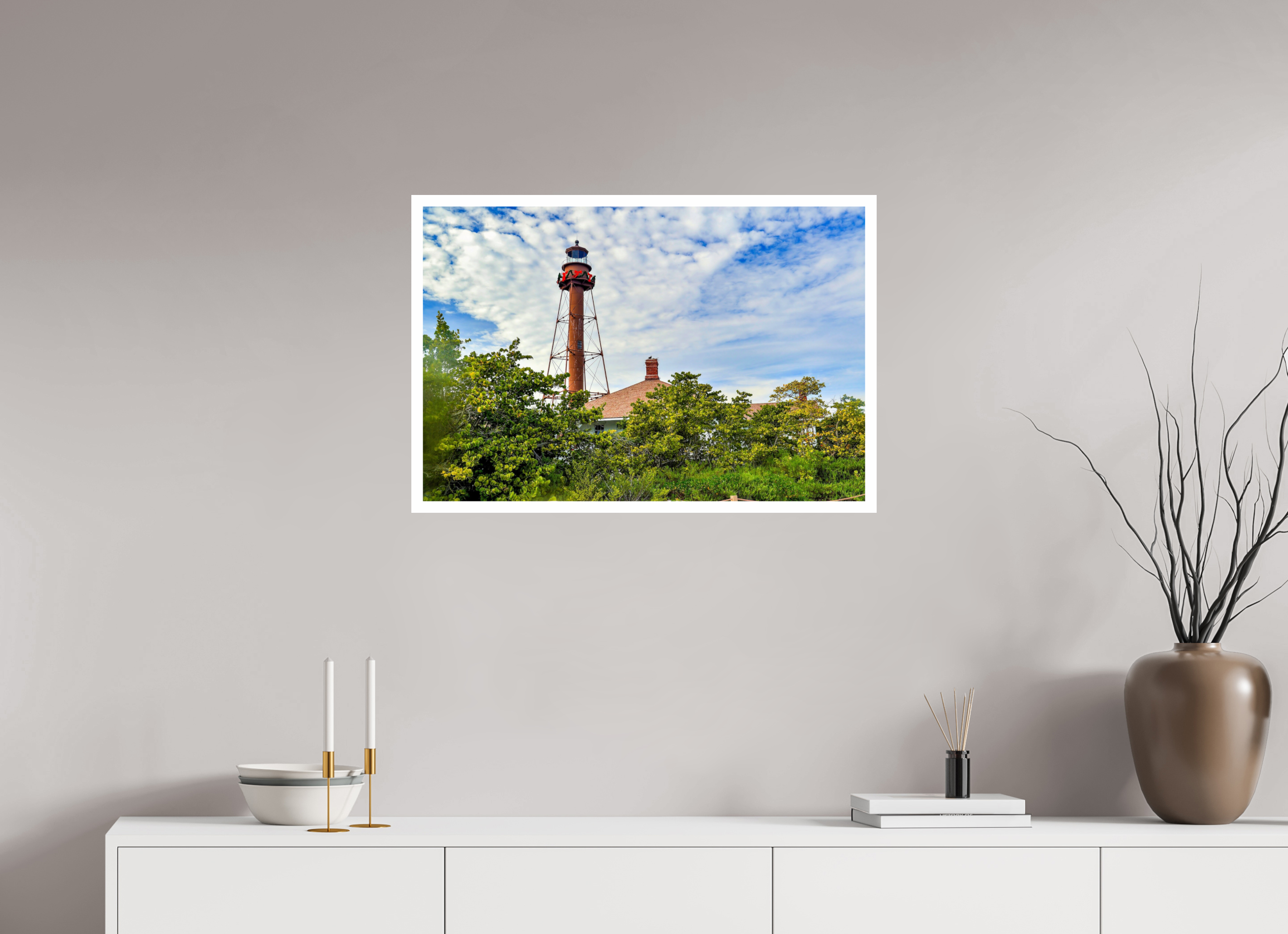 30 x 20″, Hahnemühle FineArt Pearl Print without Frame, .79" white border Sanibel Island Lighthouse – Holiday Edition