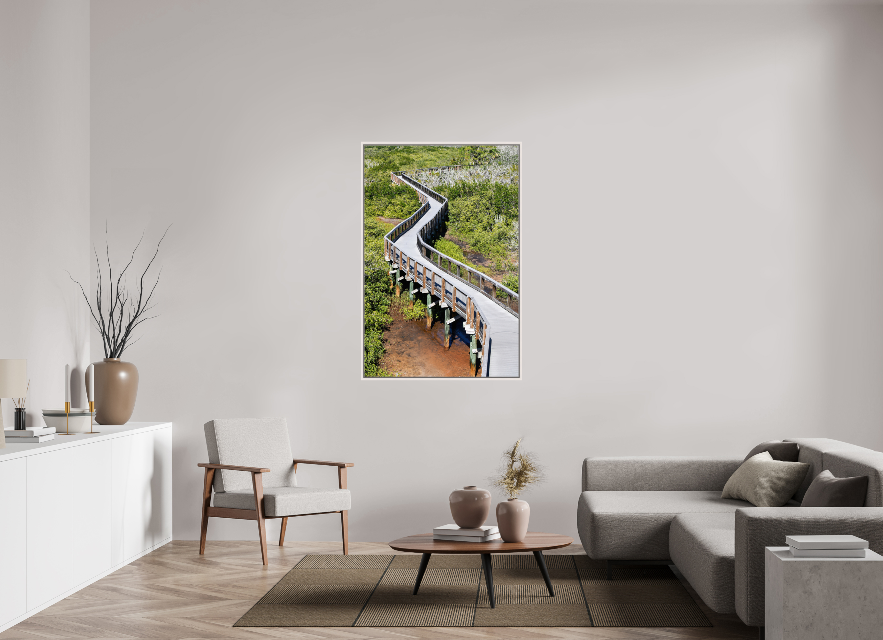 36 x 54″, Floater Frame, Basel 0.6", Maple White, Glossy Acrylic Glass The Winding Way