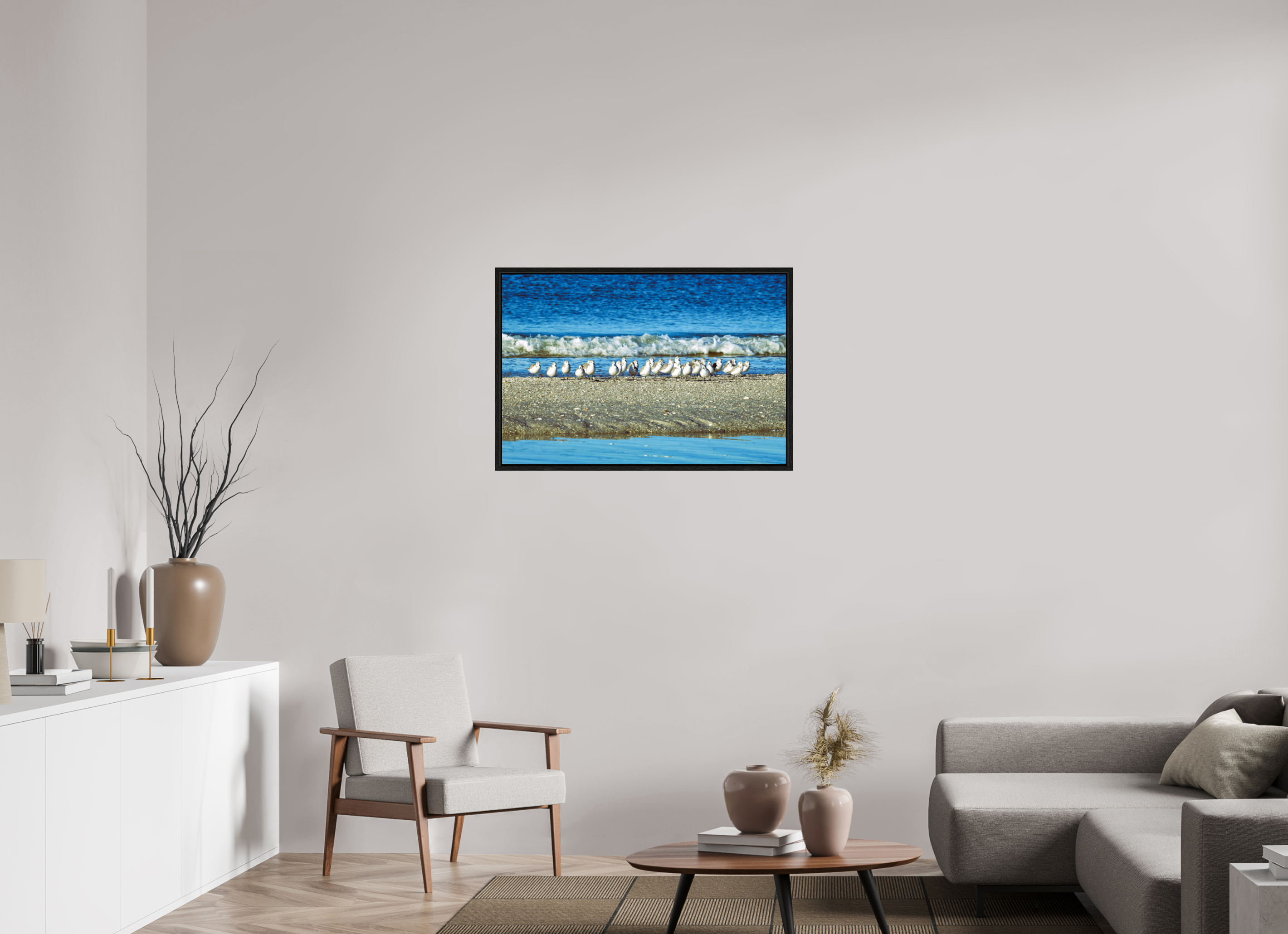36 x 24″, Floater Frame, Basel 0.6", Black Oak, Glossy Acrylic Glass Sanderlings on Standby