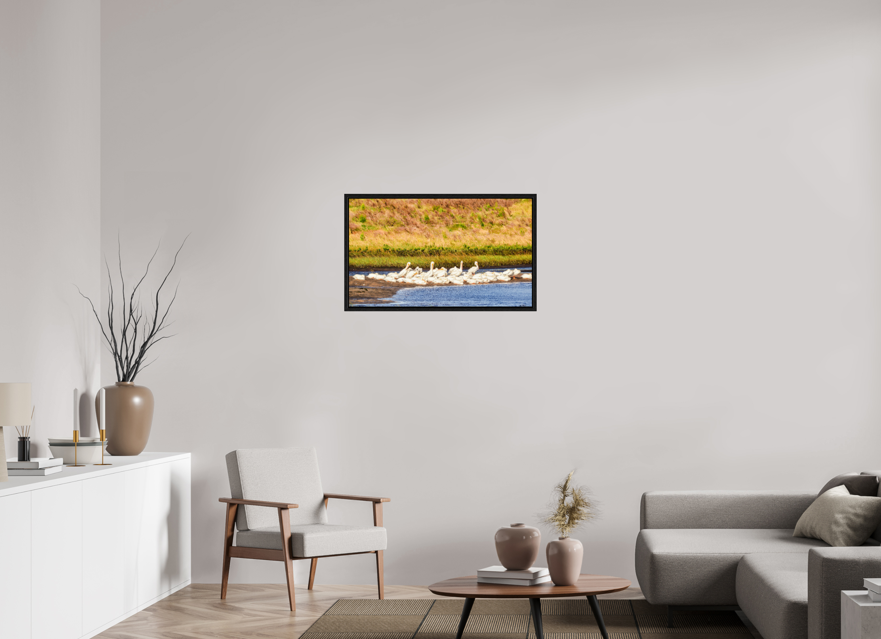 33.9 x 20″, Floater Frame White Pelicans Golden Hour Gathering