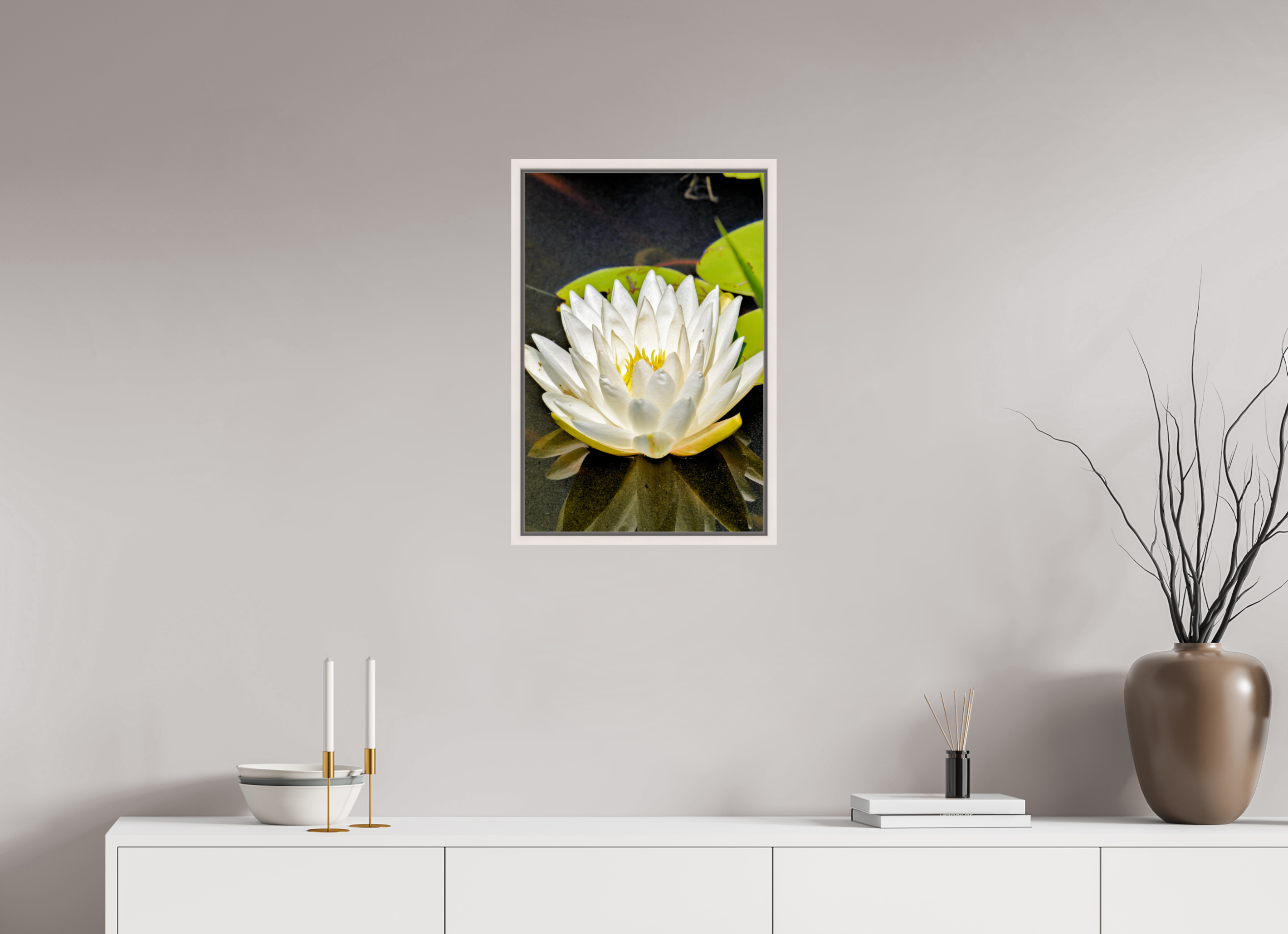 16 x 24″, Floater Frame, Basel 0.6", Maple White, Glossy Acrylic Glass The White Water Lily