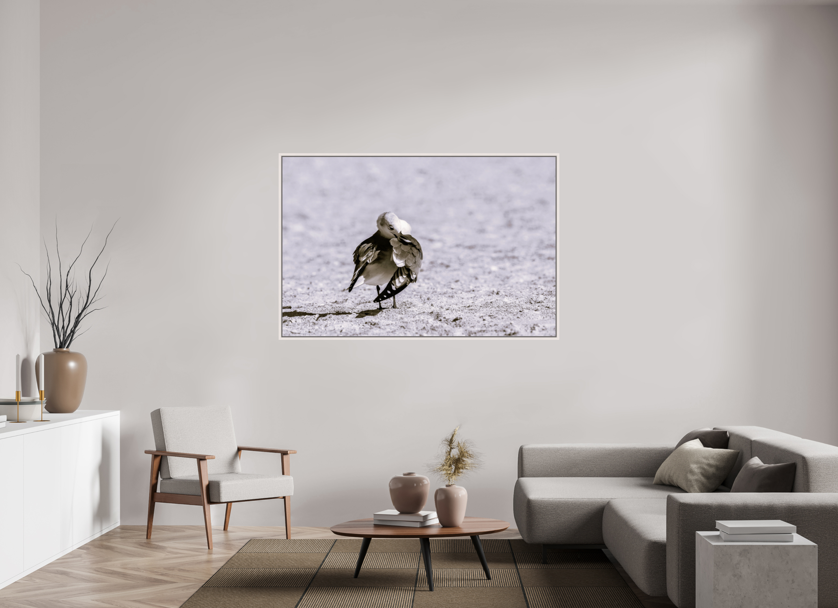 65.6 x 43″, Floater Frame, Basel 0.6", Maple White, Glossy Acrylic Glass Preening Gull