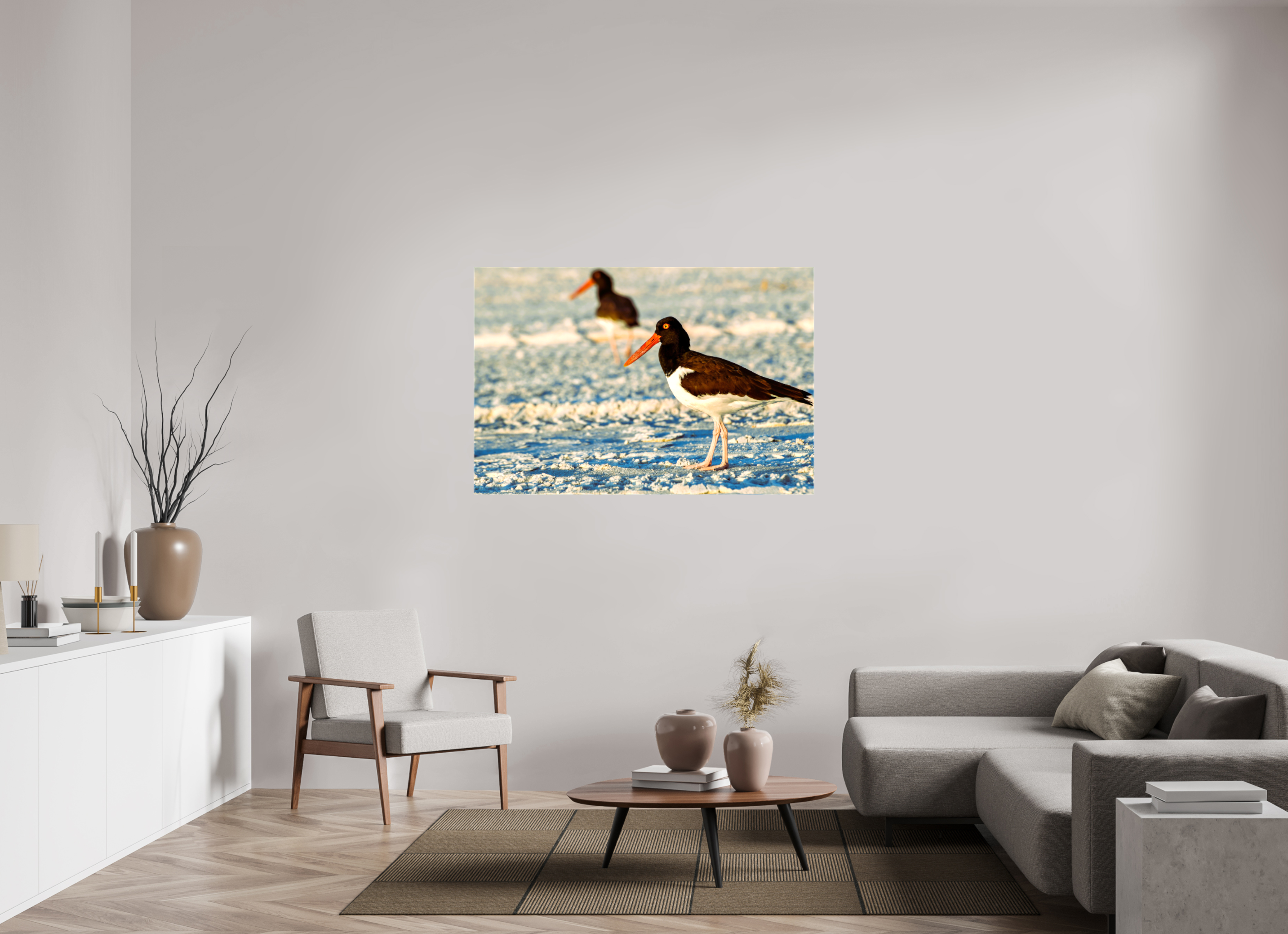 54 x 36″, Glossy Canvas on Stretcher Frame, 1,57" Wrapped Oystercatcher Stroll