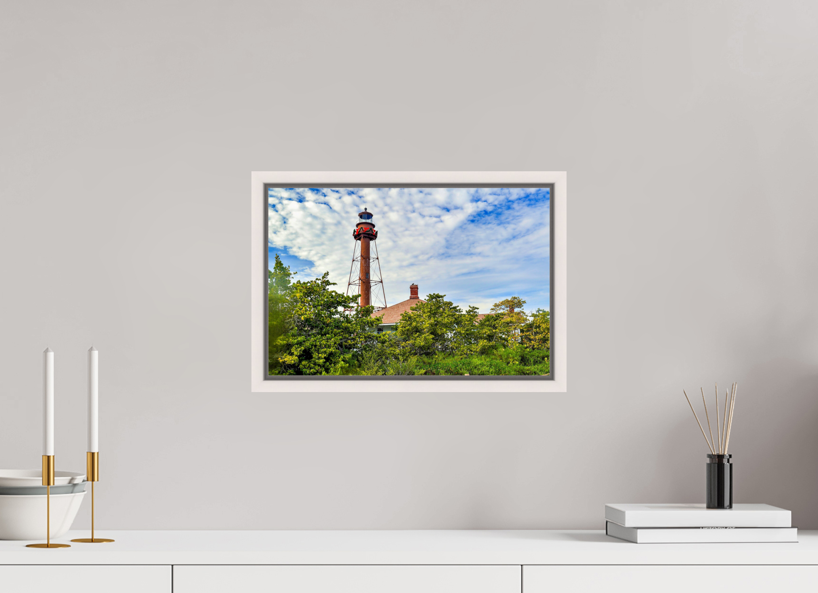 15 x 10″, Floating Frame, Photo Print Under Acrylic Glass Basel 0.6", Maple White Sanibel Island Lighthouse – Holiday Edition