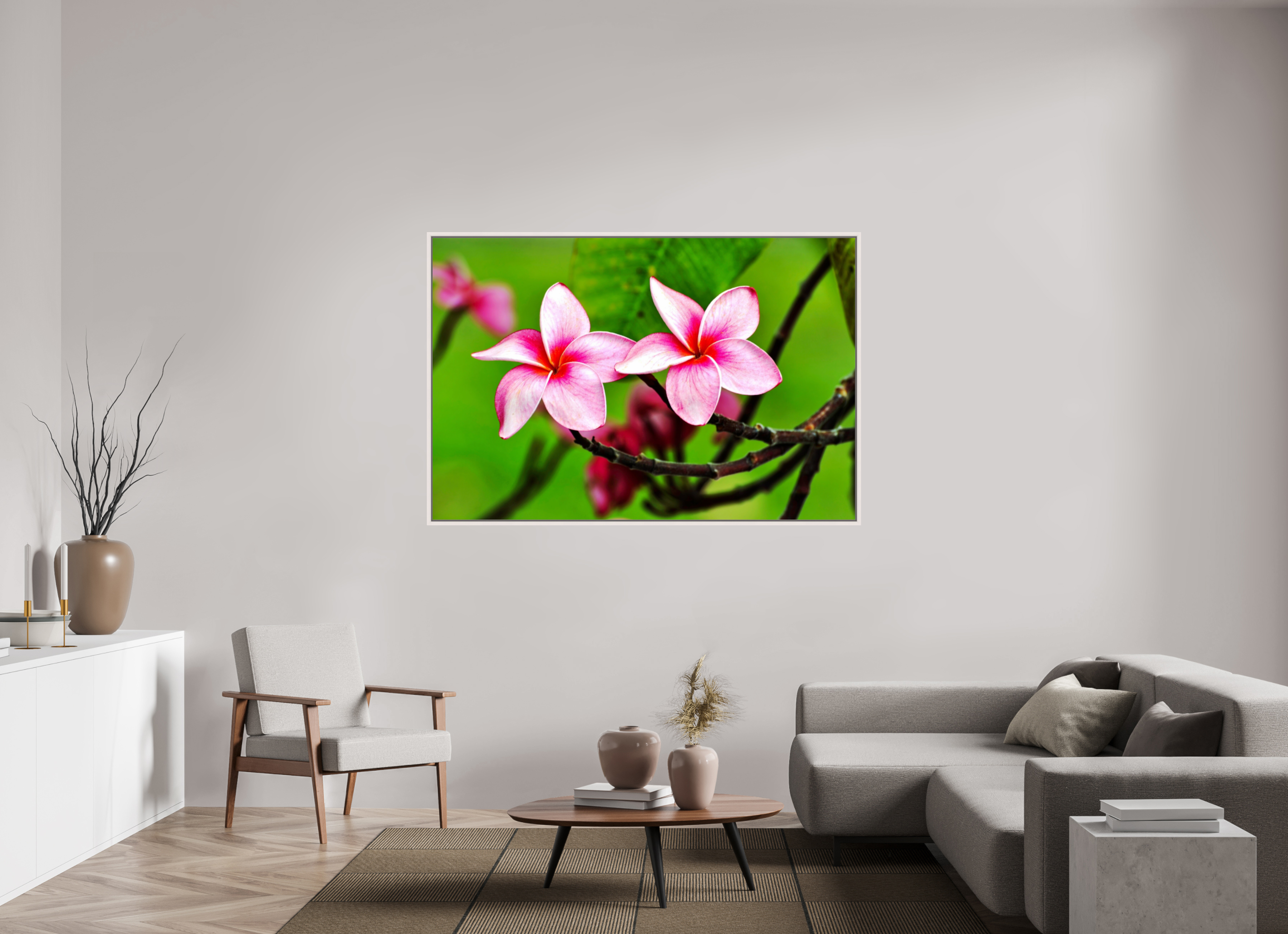66 x 44″, Floater Frame, Basel 0.6", Maple White, Glossy Acrylic Glass Pink Plumeria Rubra (Frangipani)