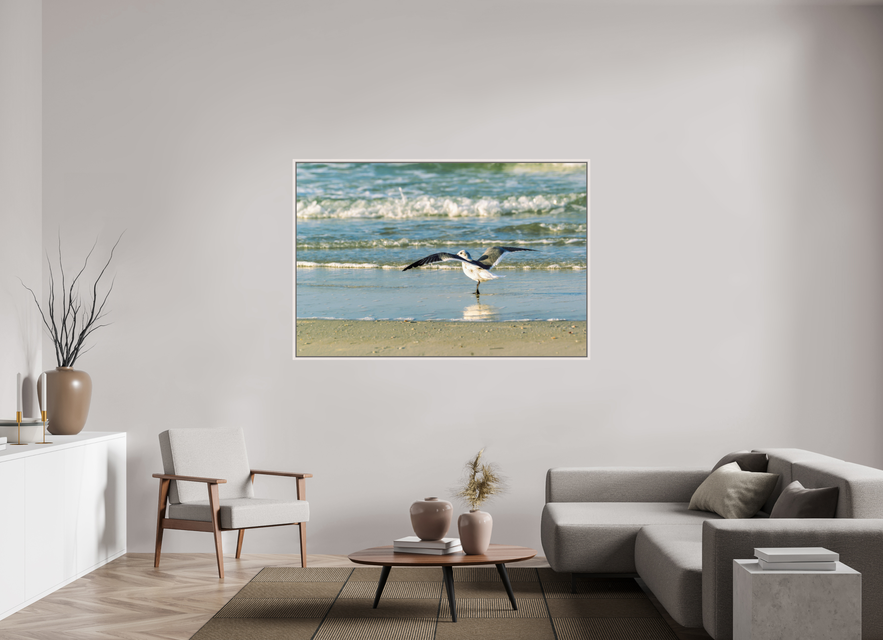 66 x 44″, Floater Frame, Basel 0.6", Maple White, Glossy Acrylic Glass Laughing Gull in Motion