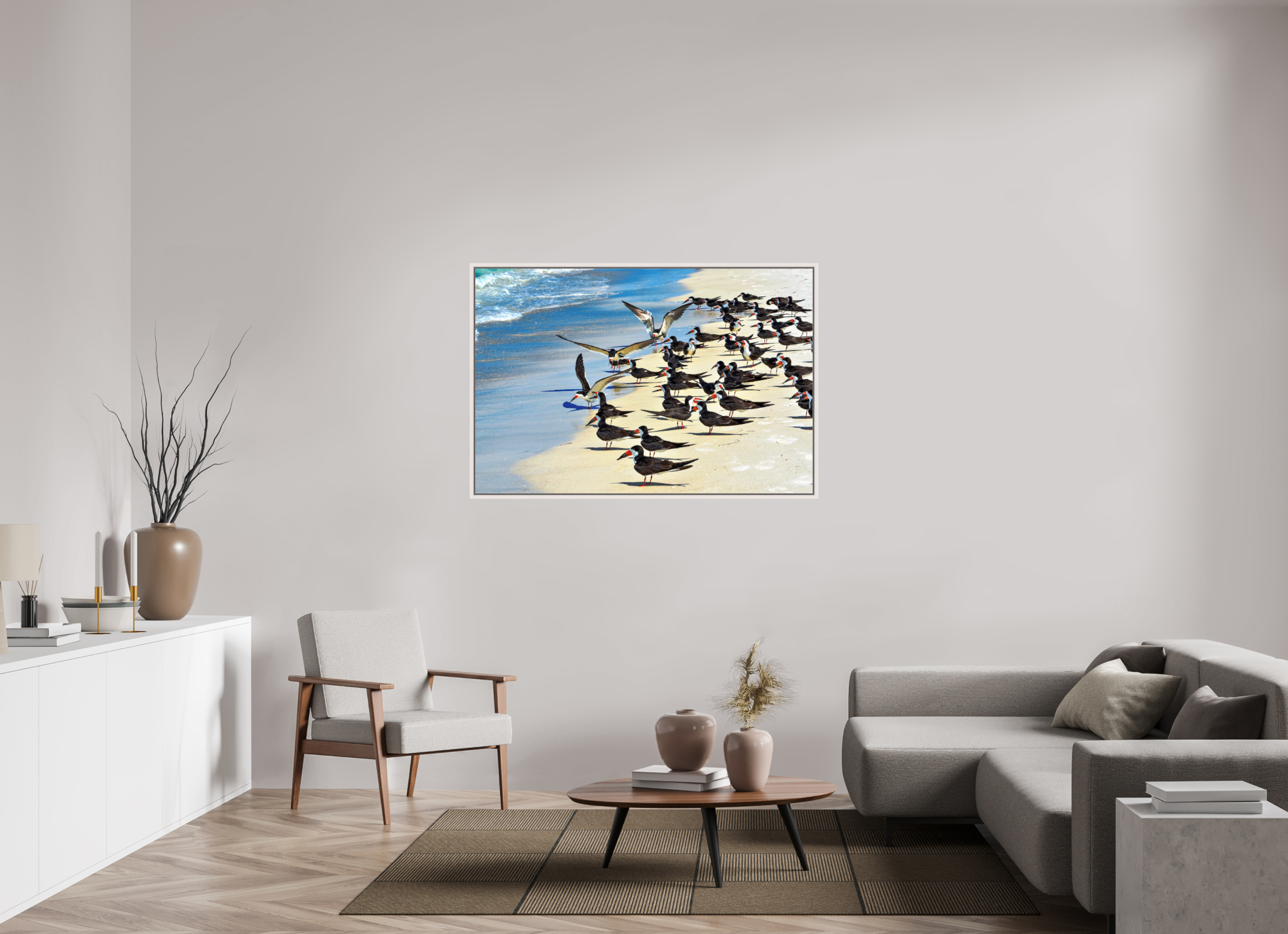 54 x 36″, Floater Frame, Basel 0.6", Maple White, Glossy Acrylic Glass Shoreline Social: Black Skimmer Colony