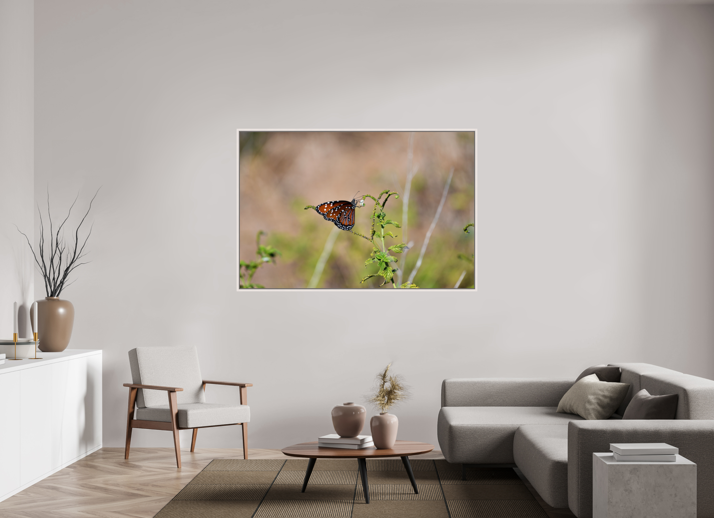 66 x 44″, Floater Frame, Basel 0.6", Maple White, Glossy Acrylic Glass Queen Butterfly