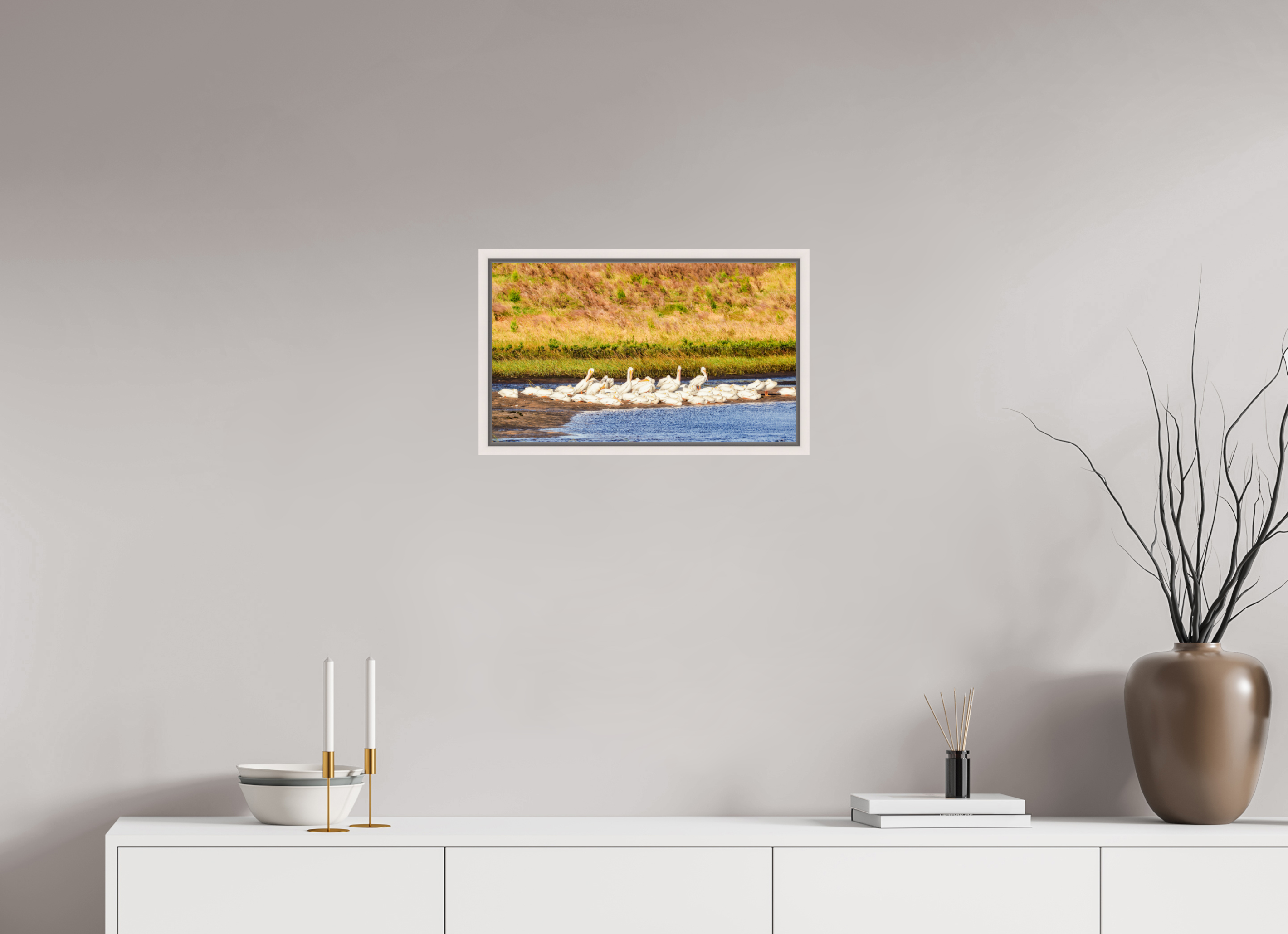 20.4 x 12″, Floater Frame, Basel 0.6", Maple White, Glossy Acrylic Glass White Pelicans Golden Hour Gathering