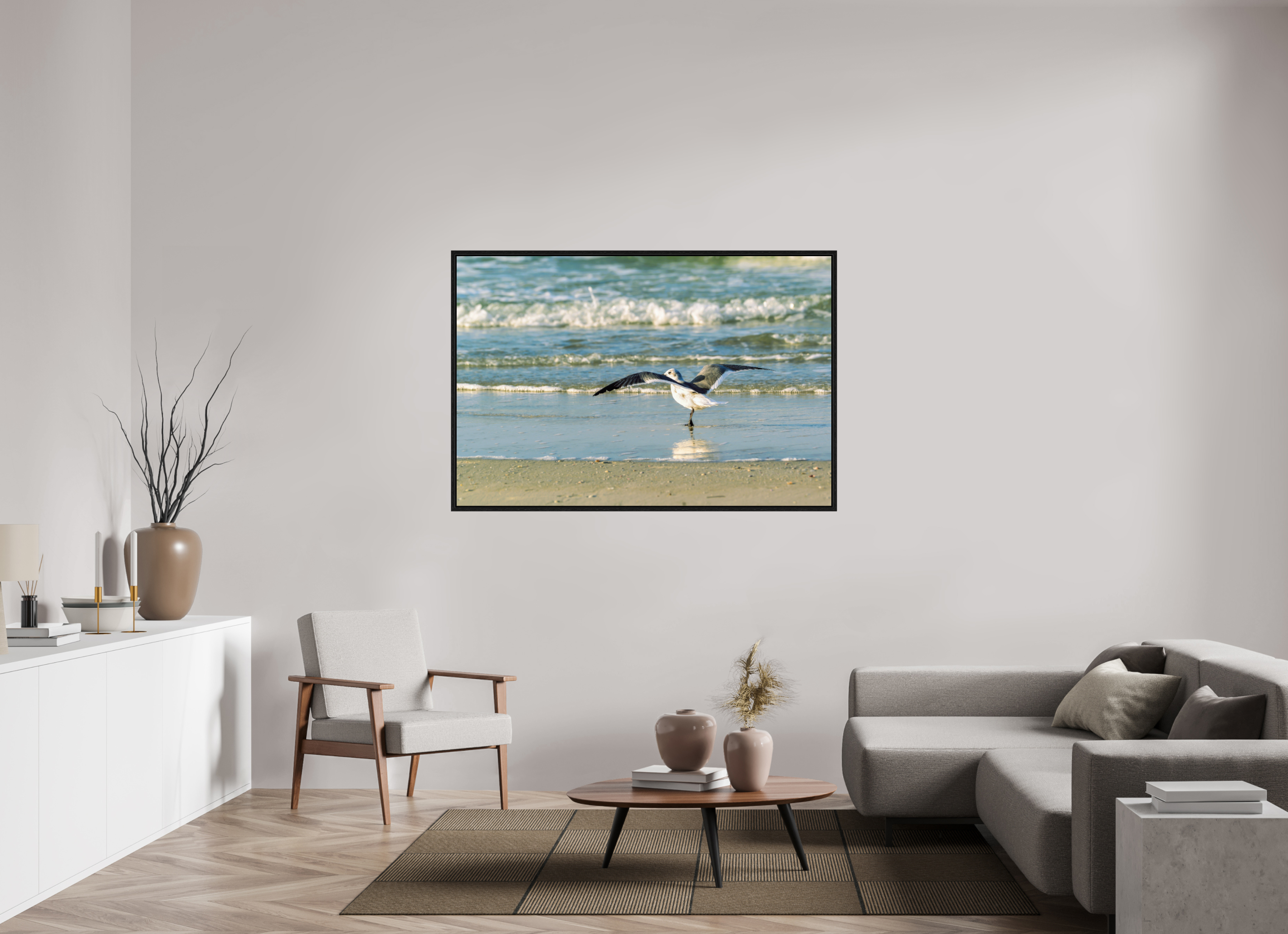 60 x 40″, Floater Frame Laughing Gull in Motion