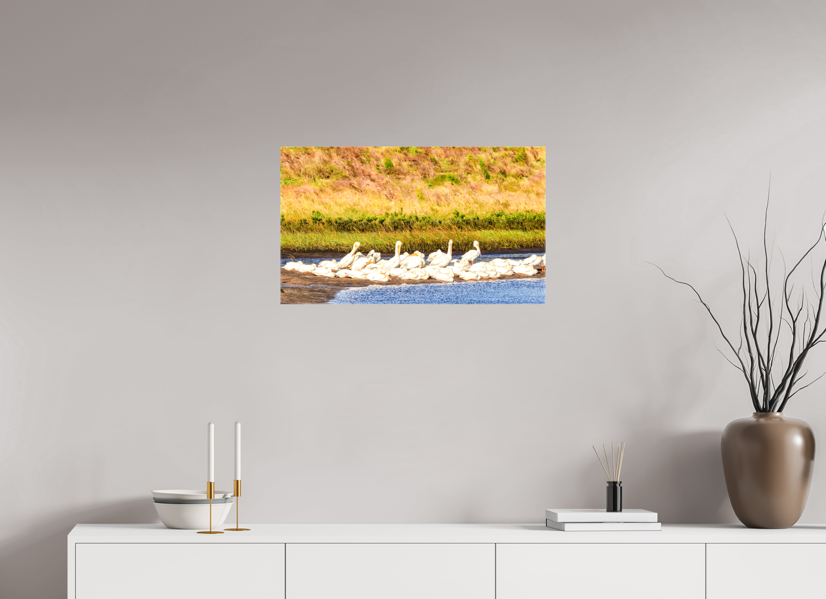27.1 x 16″, Glossy Canvas on Stretcher Frame, 1,57" Wrapped White Pelicans Golden Hour Gathering