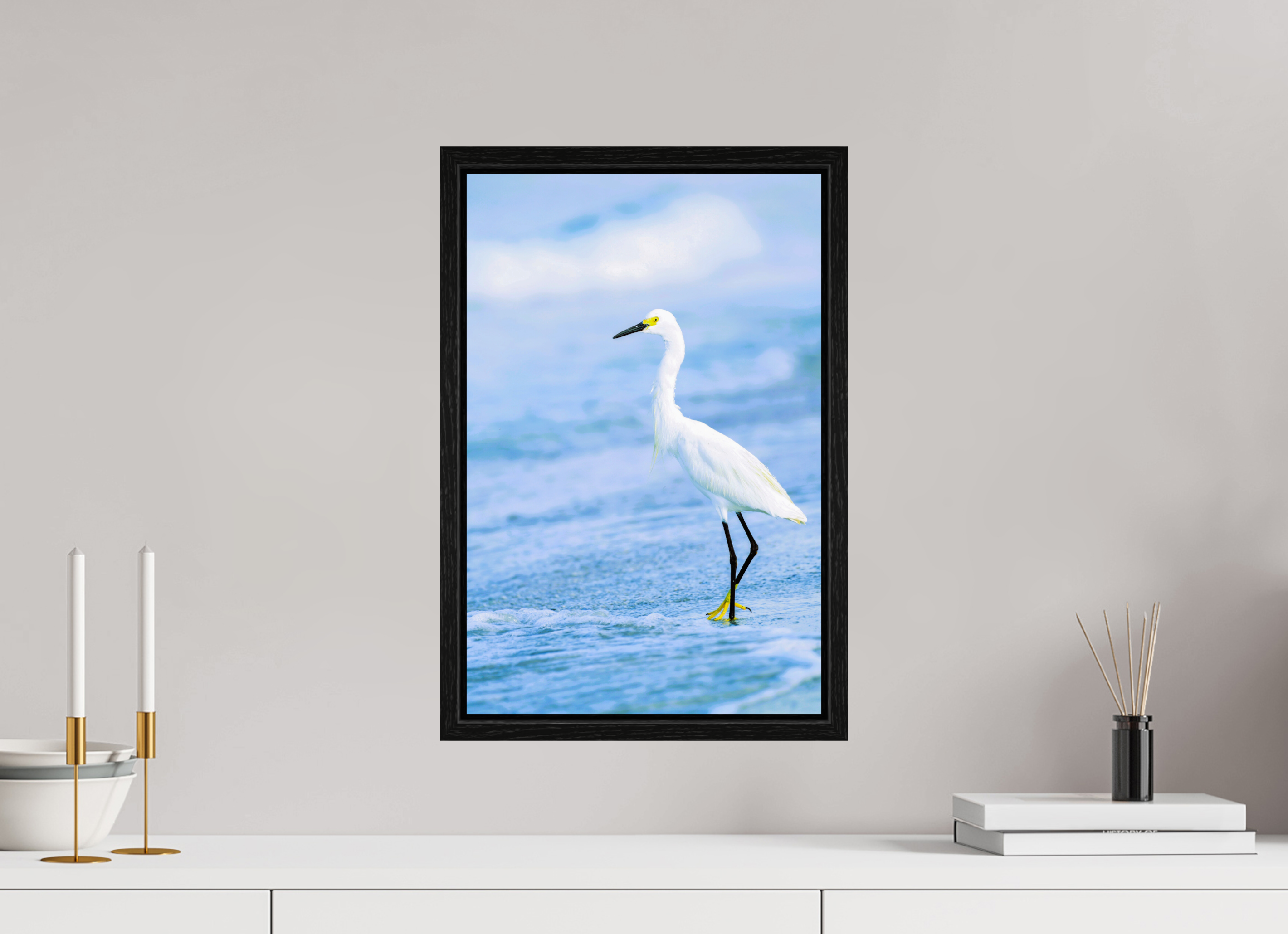 12 x 18.3″, Floater Frame, Basel 0.6", Black Oak, Glossy Acrylic Glass Snowy Egret in Azure