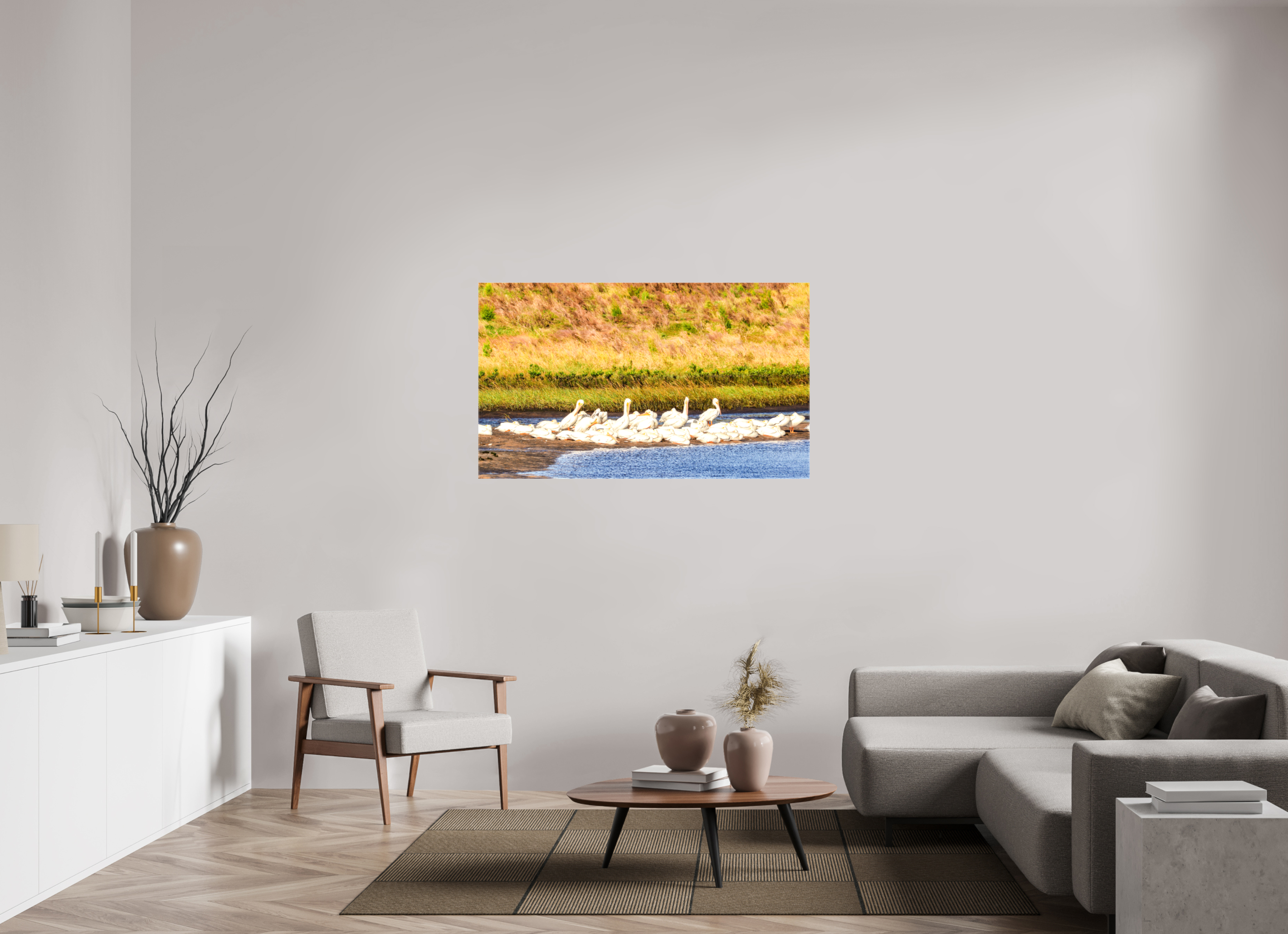 52.6 x 31″, Glossy Canvas on Stretcher Frame, 1,57" Wrapped White Pelicans Golden Hour Gathering