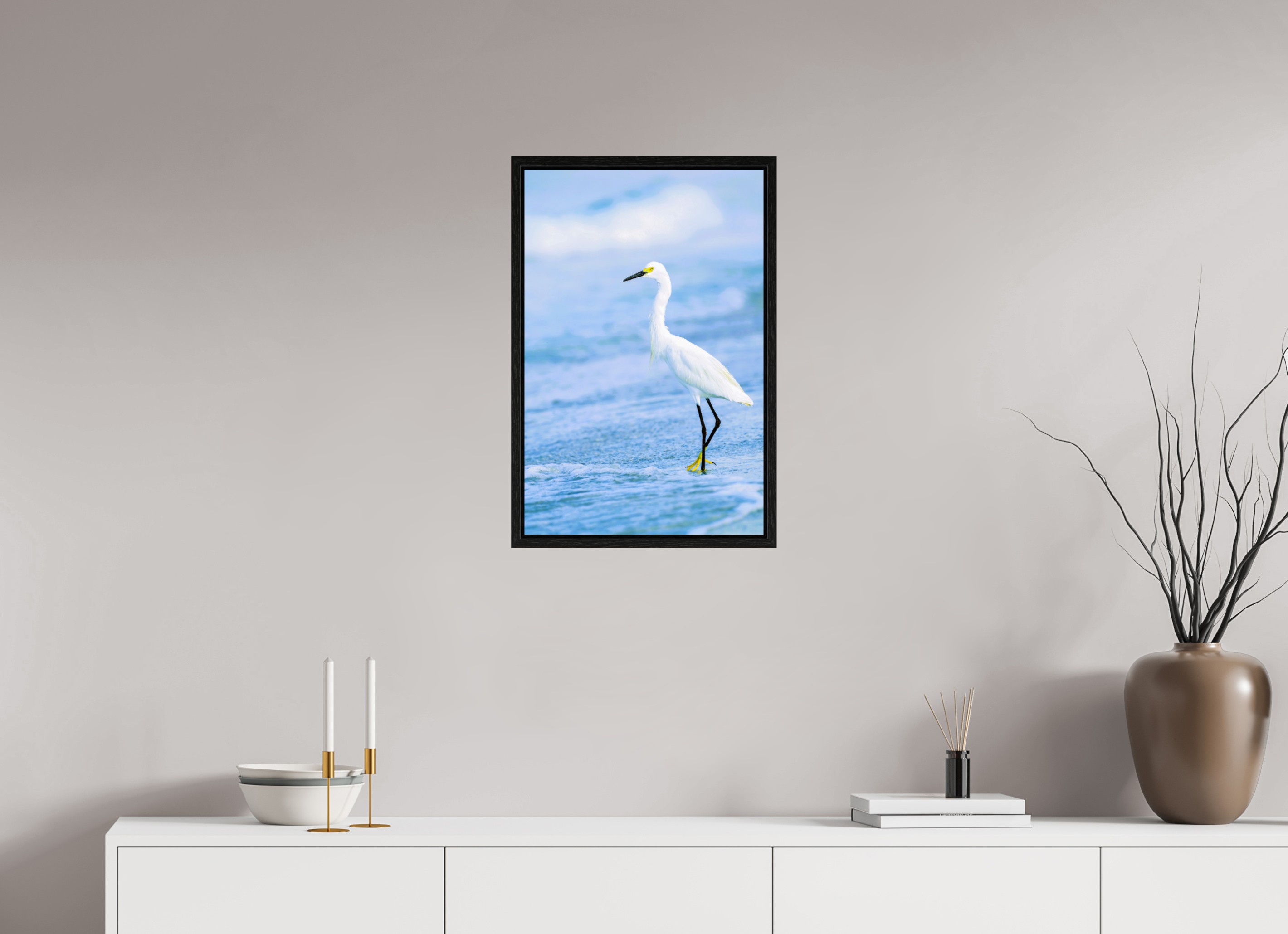 16 x 24.4″, Floater Frame, Basel 0.6", Black Oak, Glossy Acrylic Glass Snowy Egret in Azure