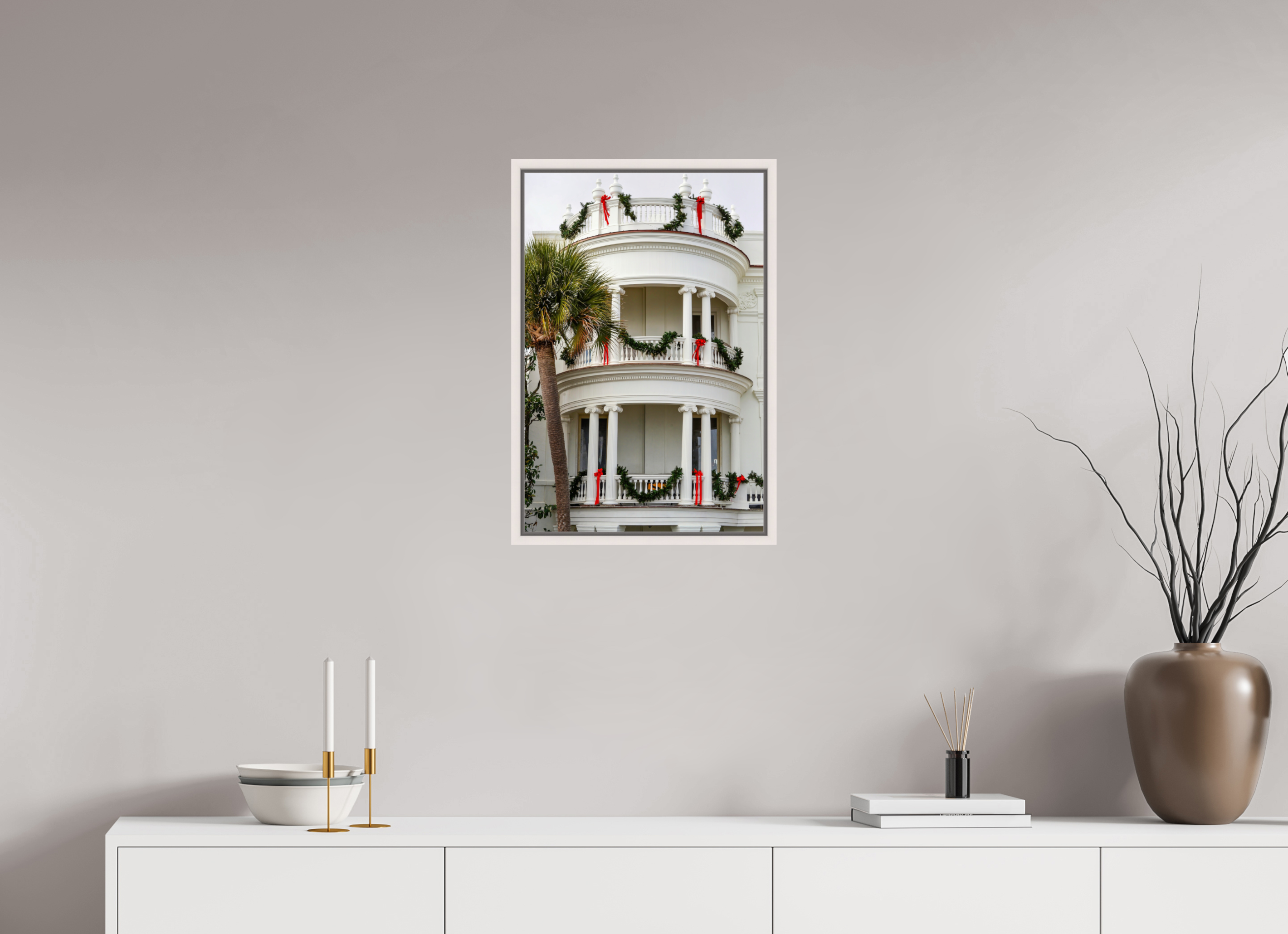 16 x 24″, Floater Frame, Basel 0.6", Maple White, Glossy Acrylic Glass Christmas on the Battery: Porcher-Simonds House