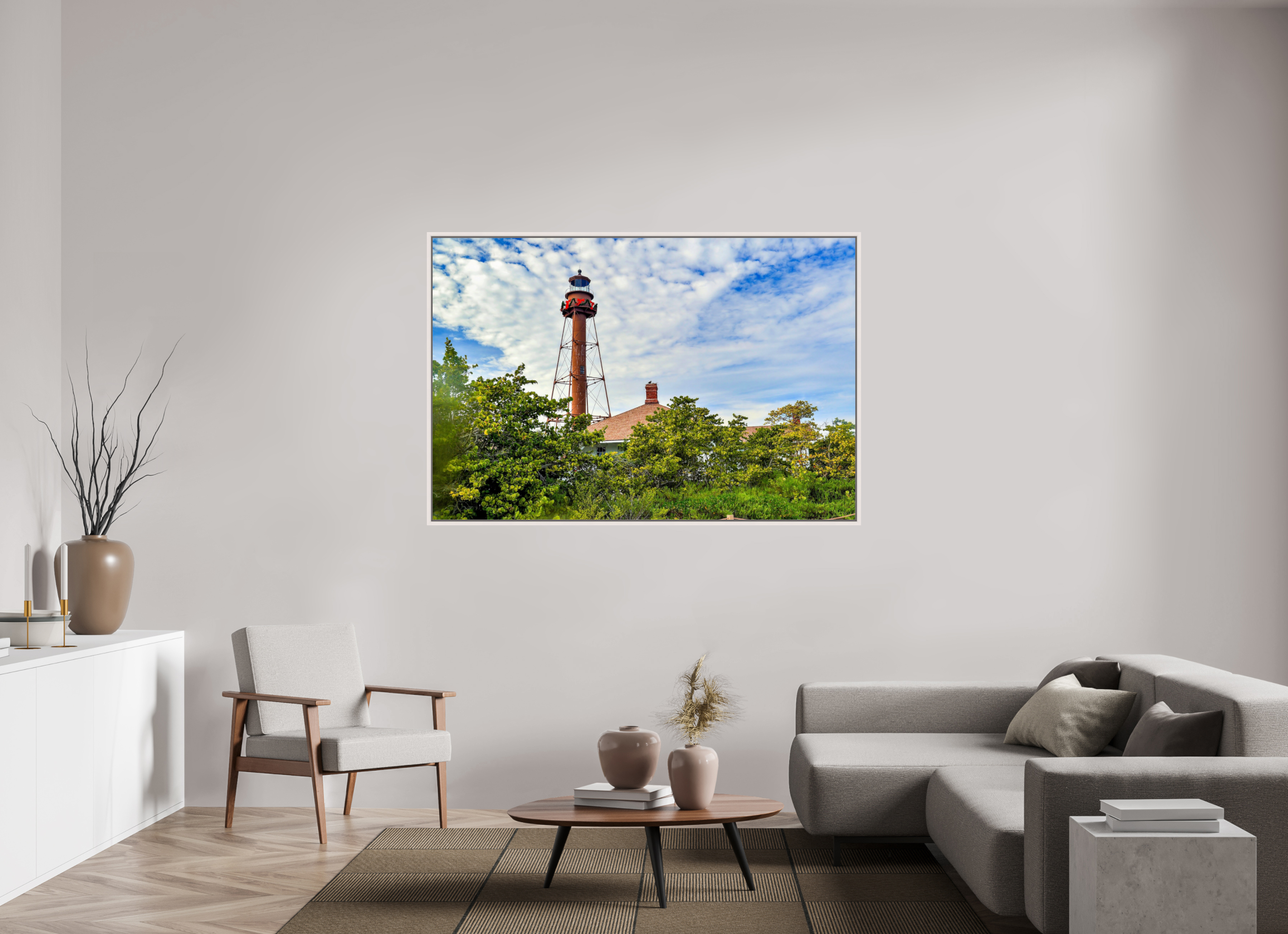 66 x 44″, Floating Frame, Photo Print Under Acrylic Glass Basel 0.6", Maple White Sanibel Island Lighthouse – Holiday Edition