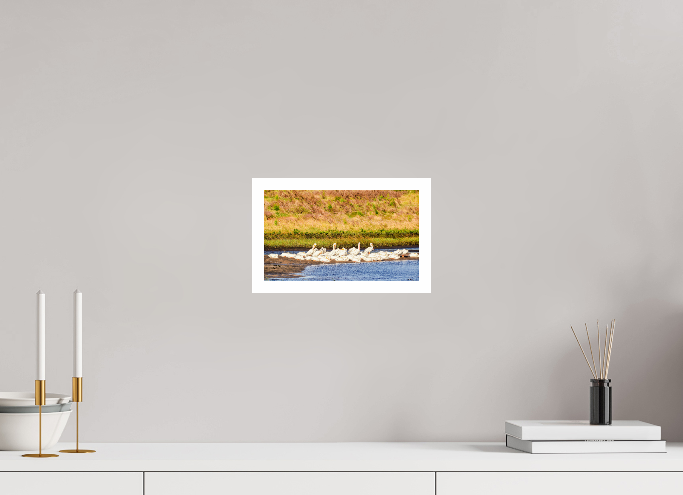 10.2 x 6″, Hahnemühle FineArt Pearl Print, .79" white border White Pelicans Golden Hour Gathering