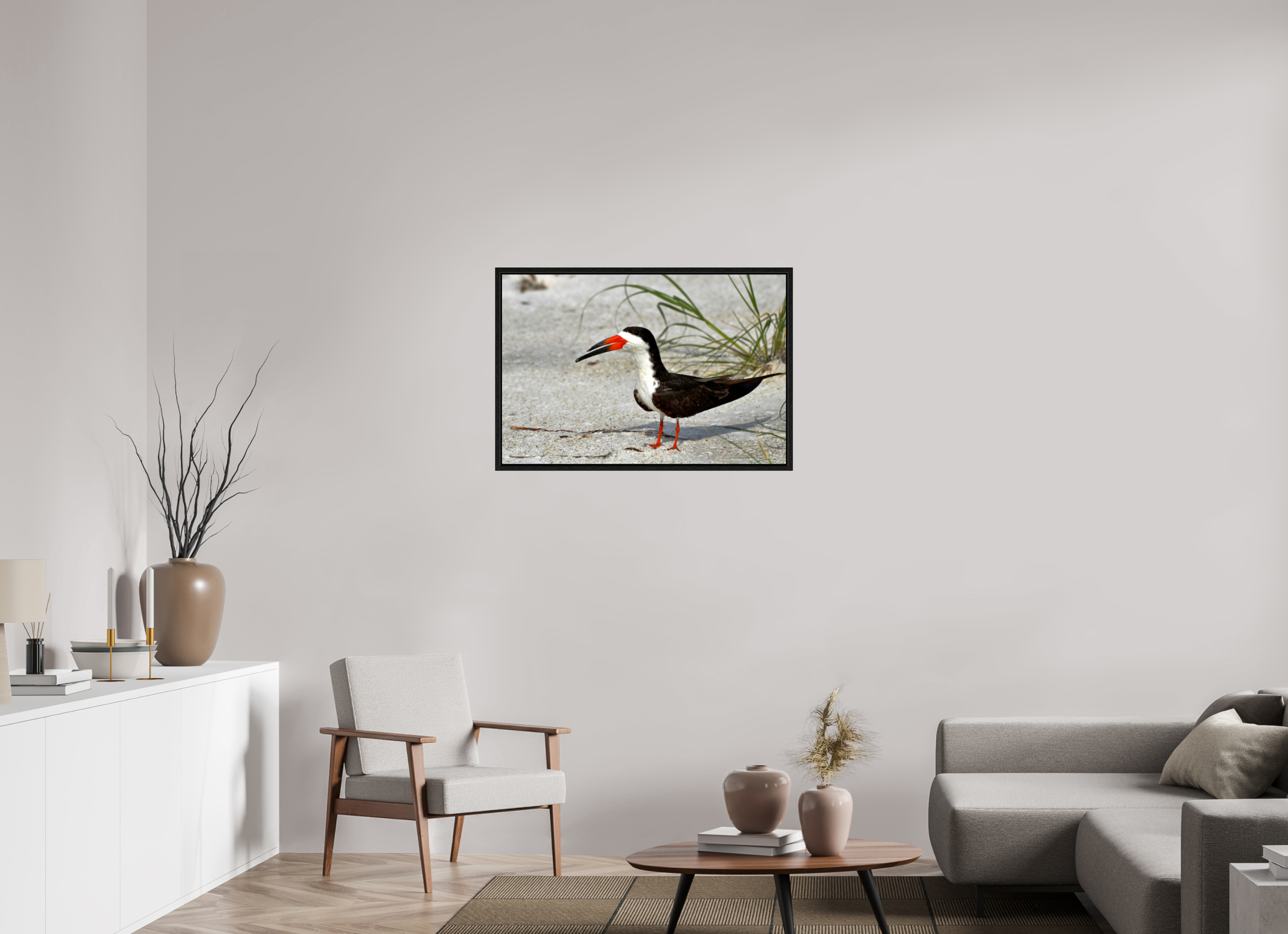 36 x 24″, Floater Frame, Basel 0.6", Black Oak, Glossy Acrylic Glass Sand & Black Skimmer
