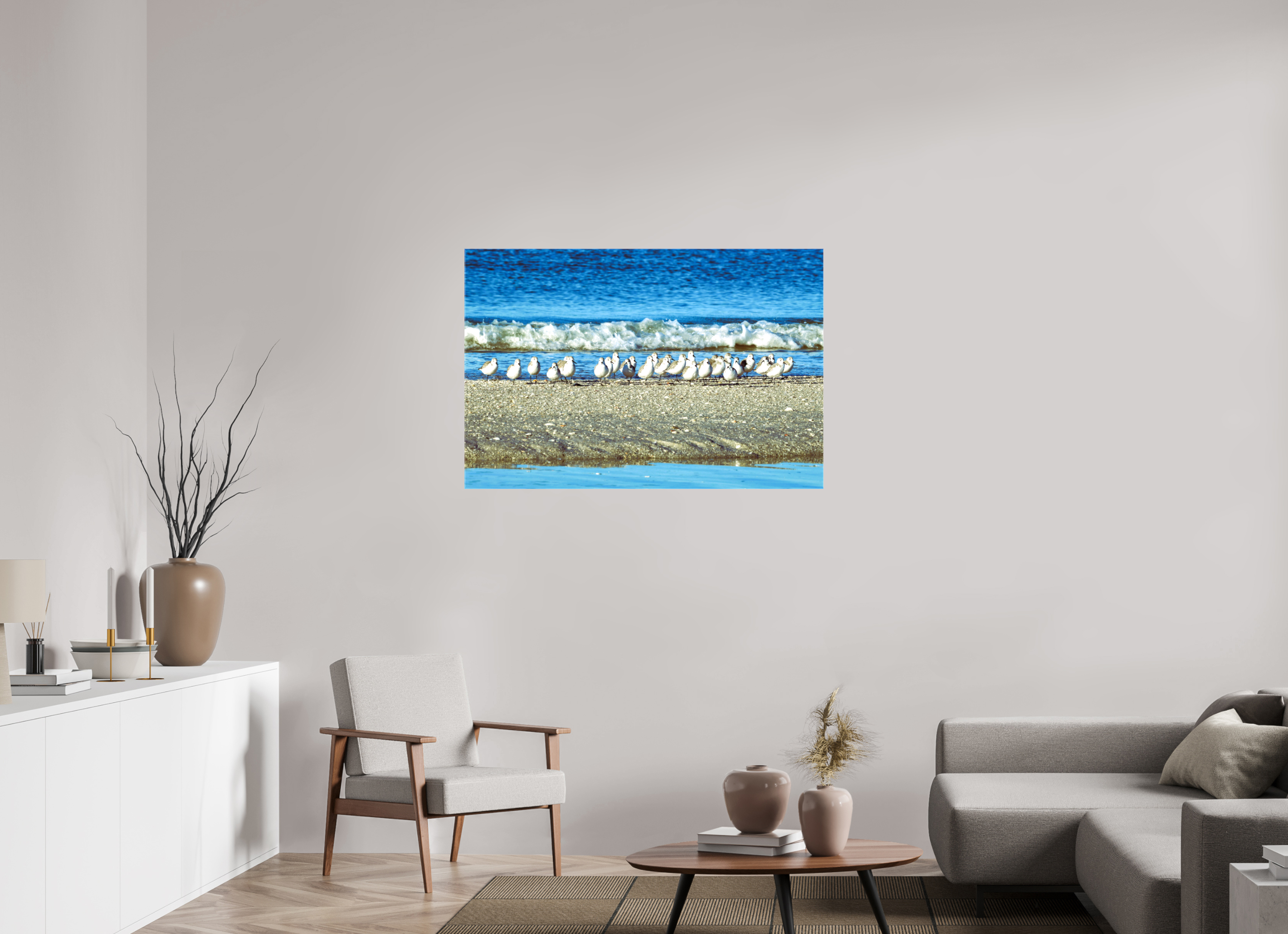 45 x 30″, Glossy Canvas on Stretcher Frame, 1,57" Wrapped Sanderlings on Standby