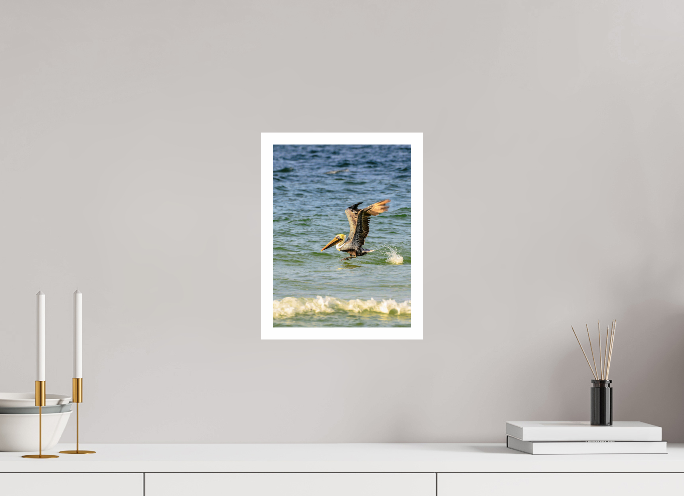 9 x 12″, Hahnemühle FineArt Pearl Print, .79" white border Pelican in Flight